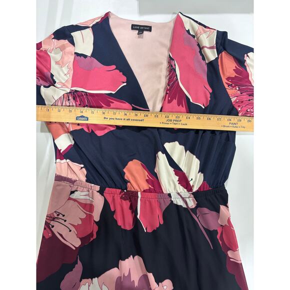 Lane Bryant Floral Faux Wrap Midi Dress Size 14 Navy Pink Asymmetrical Hem - Picture 4 of 8